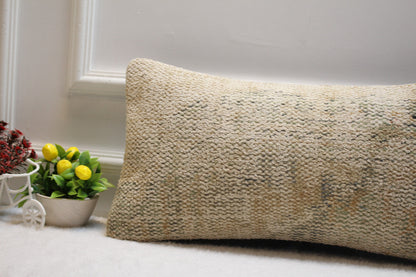 Handmade Beige Kilim Lumbar Pillow Cover: Geometric Woven Rug, 12x24 inch