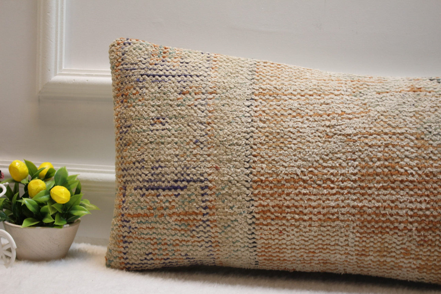 Handmade Kilim Lumbar Pillow Cover: Beige & Orange Turkish Rug, 12x24