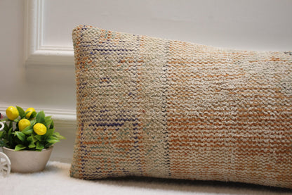 Handmade Kilim Lumbar Pillow Cover: Beige & Orange Turkish Rug, 12x24