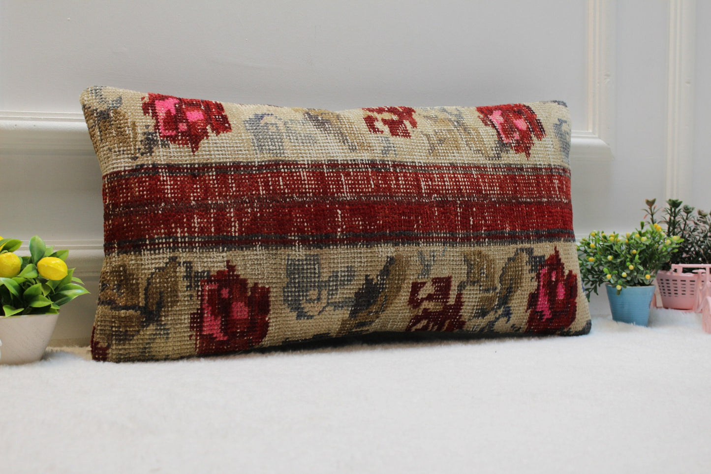 Handmade Kilim Lumbar Pillow Cover: Beige & Red Turkish Rug, 12x24 inc