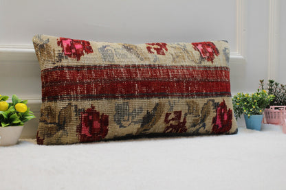 Handmade Kilim Lumbar Pillow Cover: Beige & Red Turkish Rug, 12x24 inc