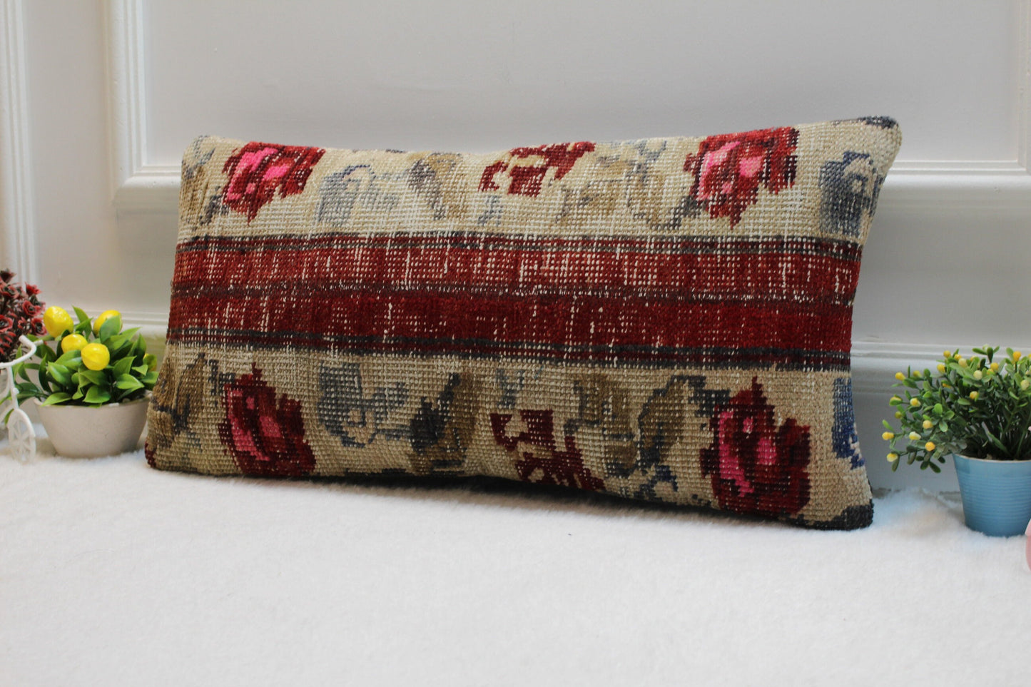 Handmade Kilim Lumbar Pillow Cover: Beige & Red Turkish Rug, 12x24 inc
