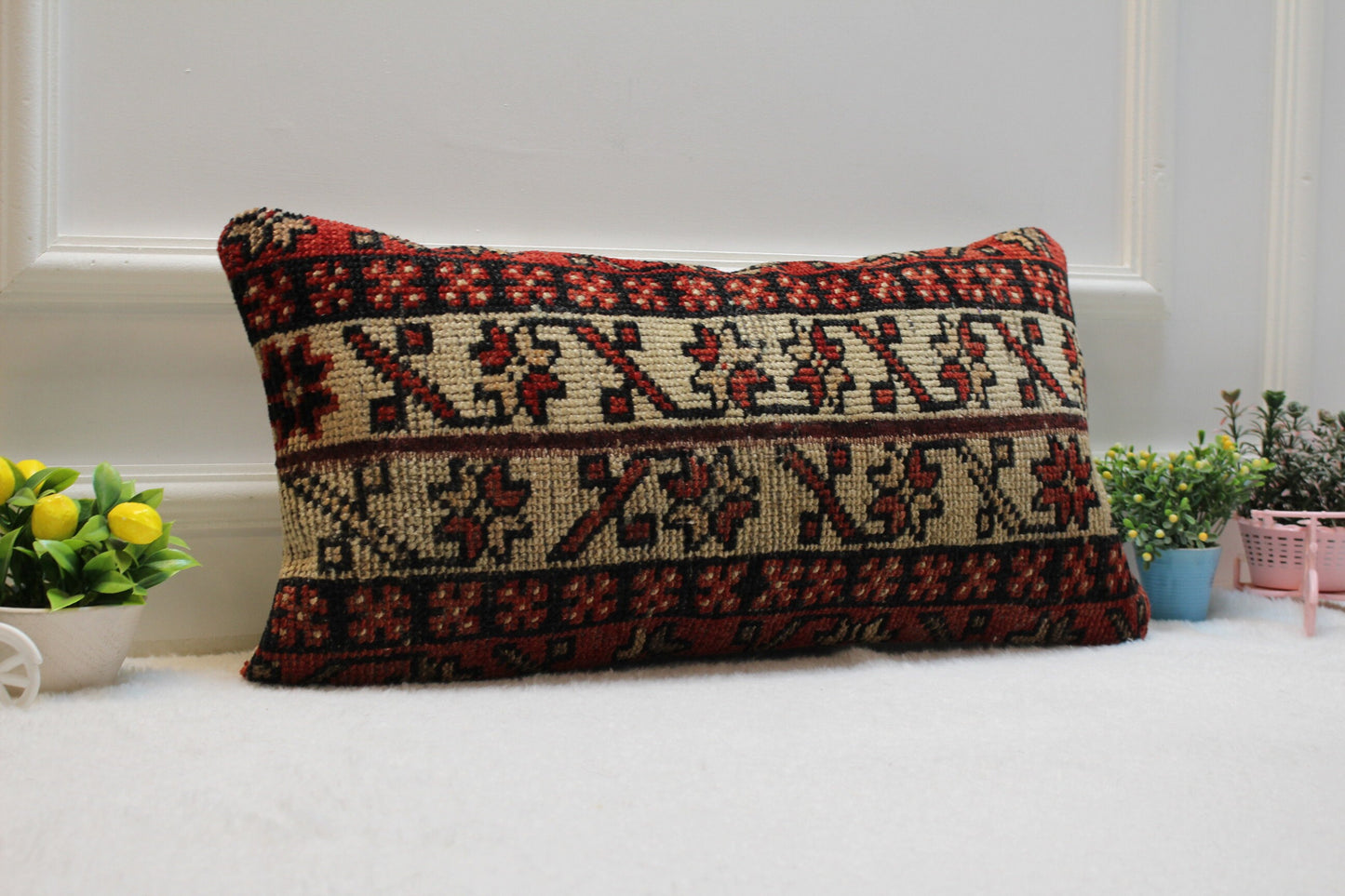 Handmade Kilim Lumbar Pillow Cover: Bohemian Woven Rug, 12x24 inch