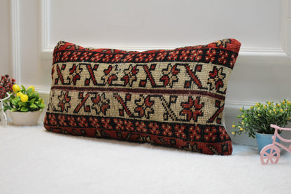 Handmade Kilim Lumbar Pillow Cover: Bohemian Woven Rug, 12x24 inch