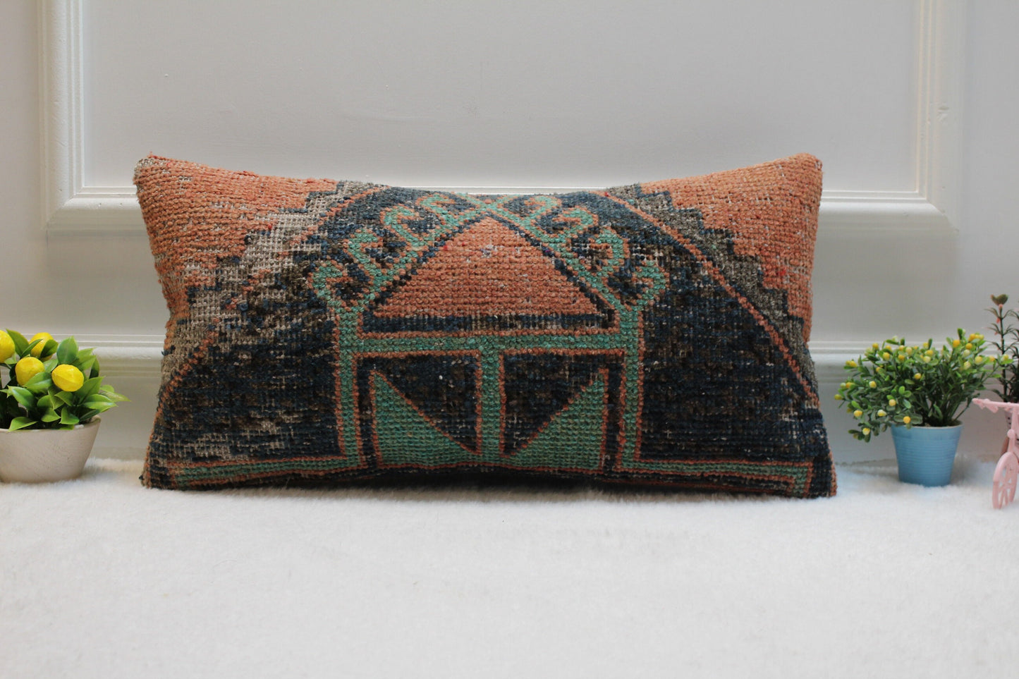 Orange Turkish Lumbar Pillow Cover: Upcycled Kilim Rug, 12x24 inc