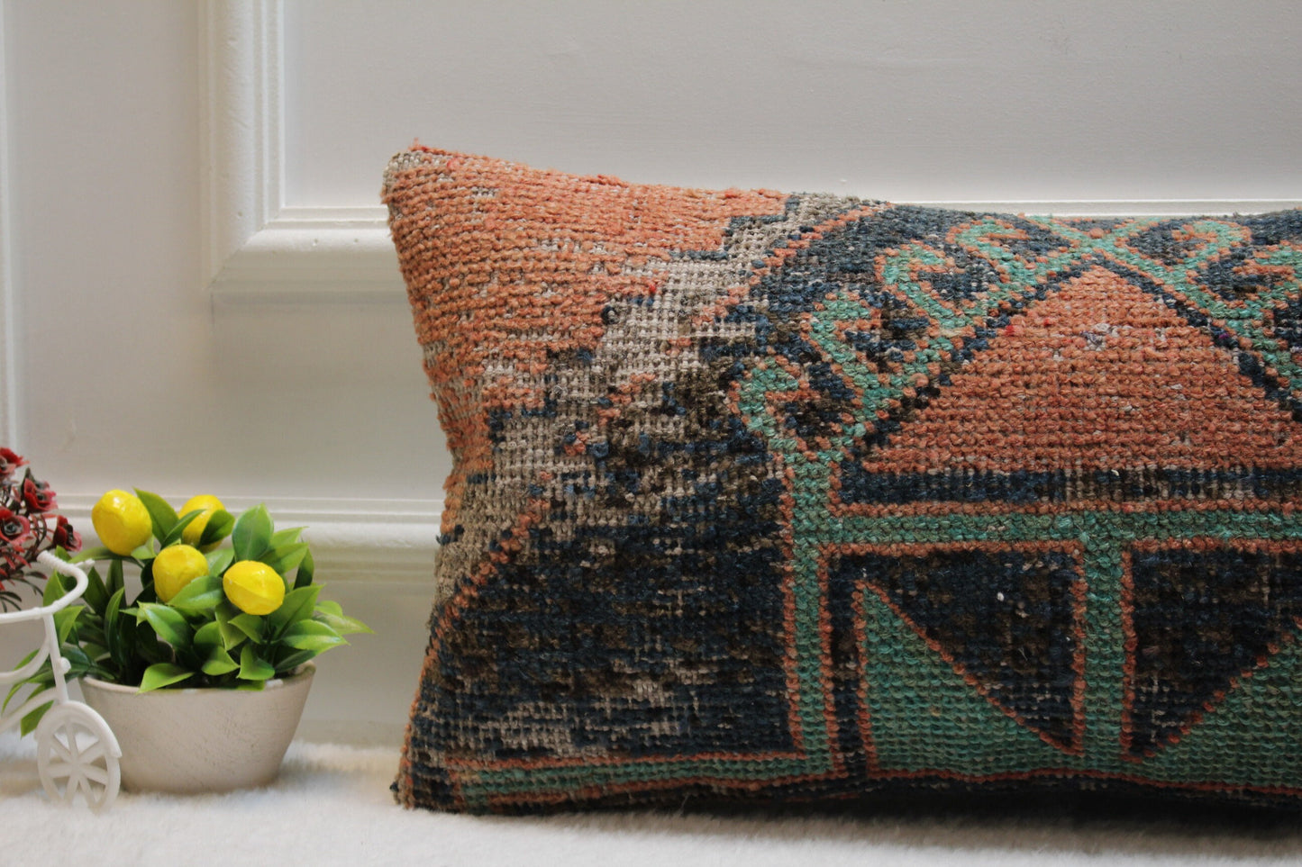 Orange Turkish Lumbar Pillow Cover: Upcycled Kilim Rug, 12x24 inc