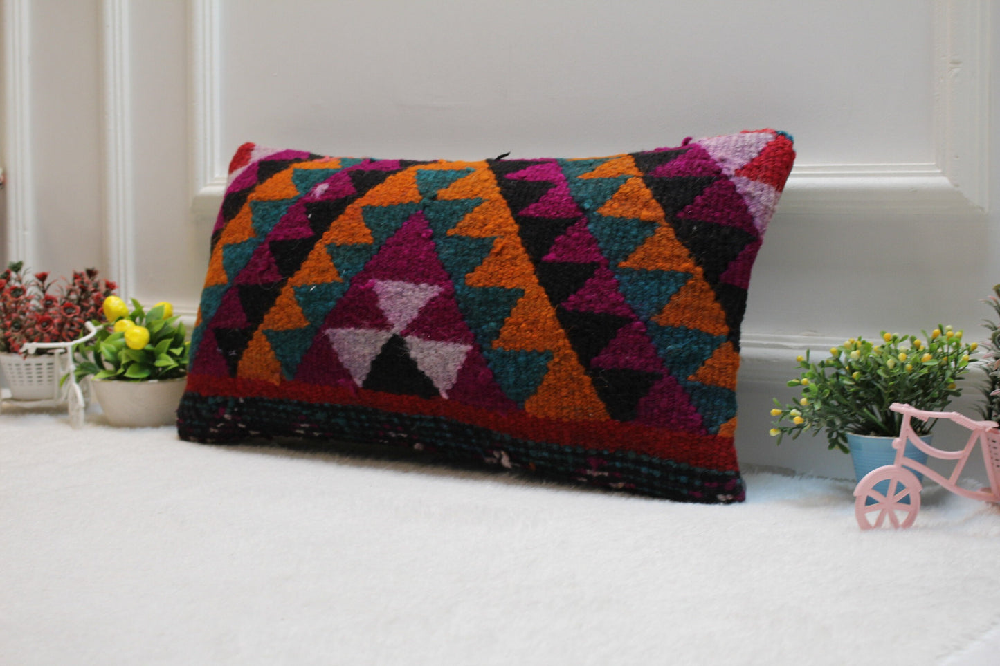 Ethnic Kilim Pillow Cover: Organic Wool Lumbar Cushion (12x24 in)