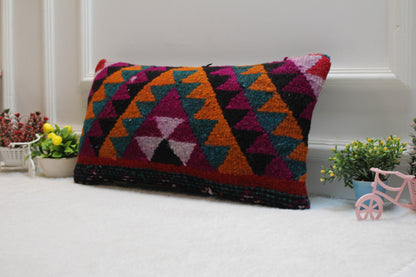 Ethnic Kilim Pillow Cover: Organic Wool Lumbar Cushion (12x24 in)