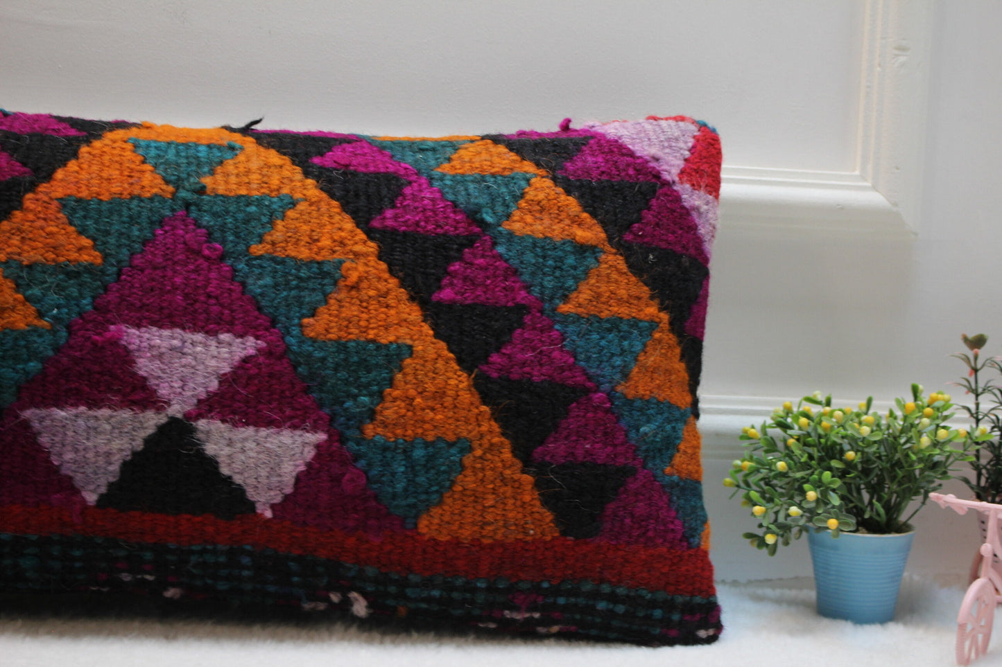 Ethnic Kilim Pillow Cover: Organic Wool Lumbar Cushion (12x24 in)