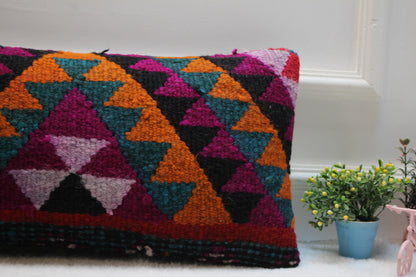 Ethnic Kilim Pillow Cover: Organic Wool Lumbar Cushion (12x24 in)
