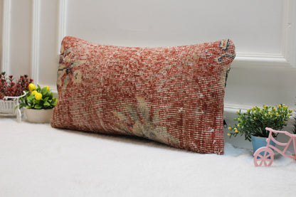 Handmade Red Kilim Lumbar Pillow Cover: Upcycled Woven Rug, 12x24 inch