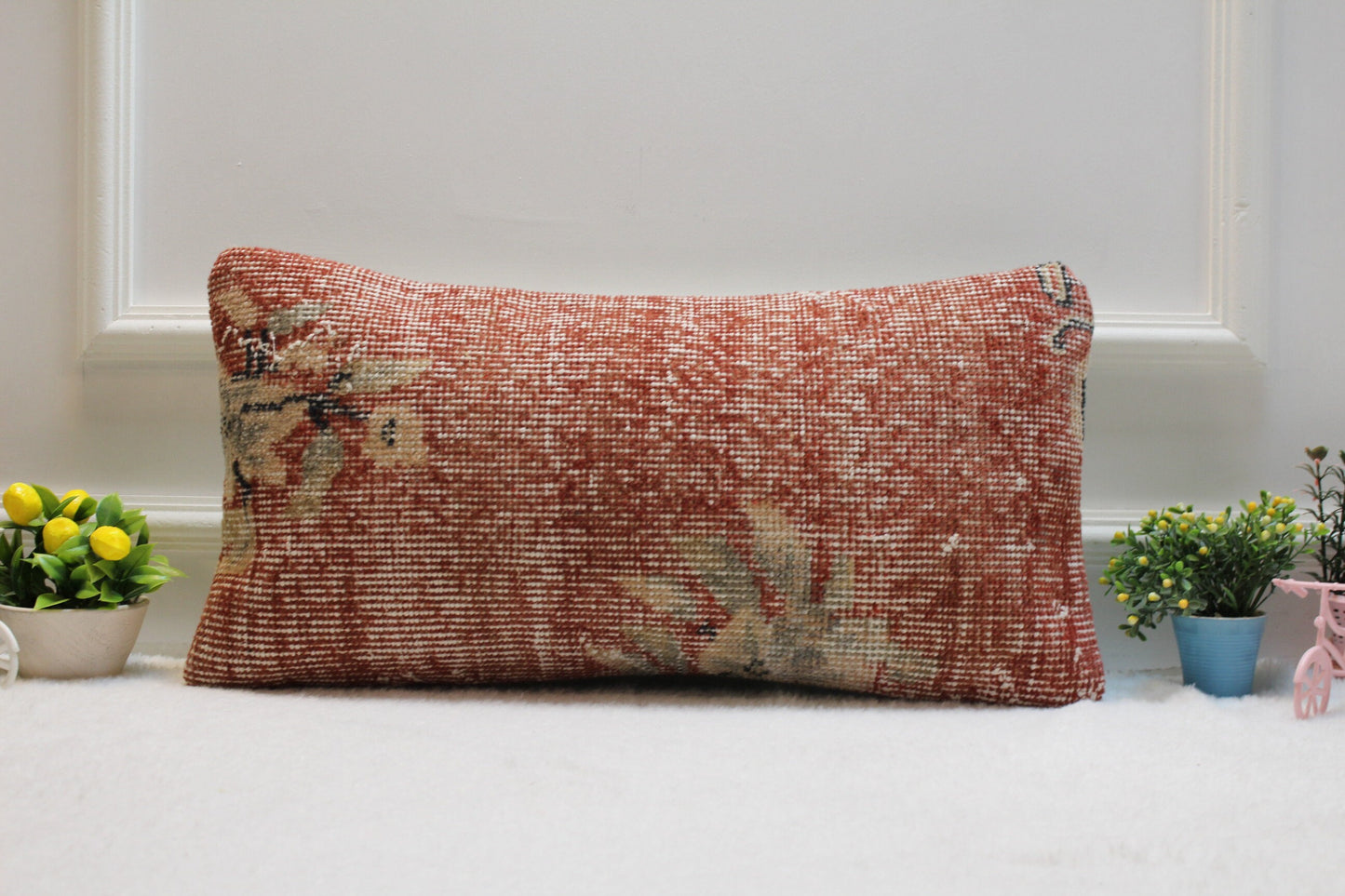 Handmade Red Kilim Lumbar Pillow Cover: Upcycled Woven Rug, 12x24 inch
