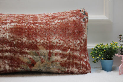 Handmade Red Kilim Lumbar Pillow Cover: Upcycled Woven Rug, 12x24 inch
