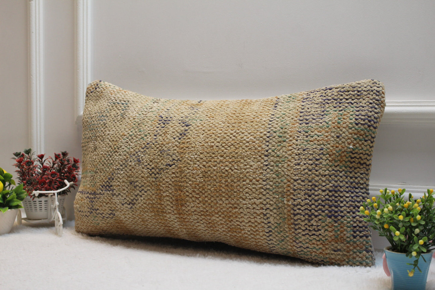 Handmade Lumbar Pillow Cover: Boho Beige Wool Rug Pillow (12x24 inc)
