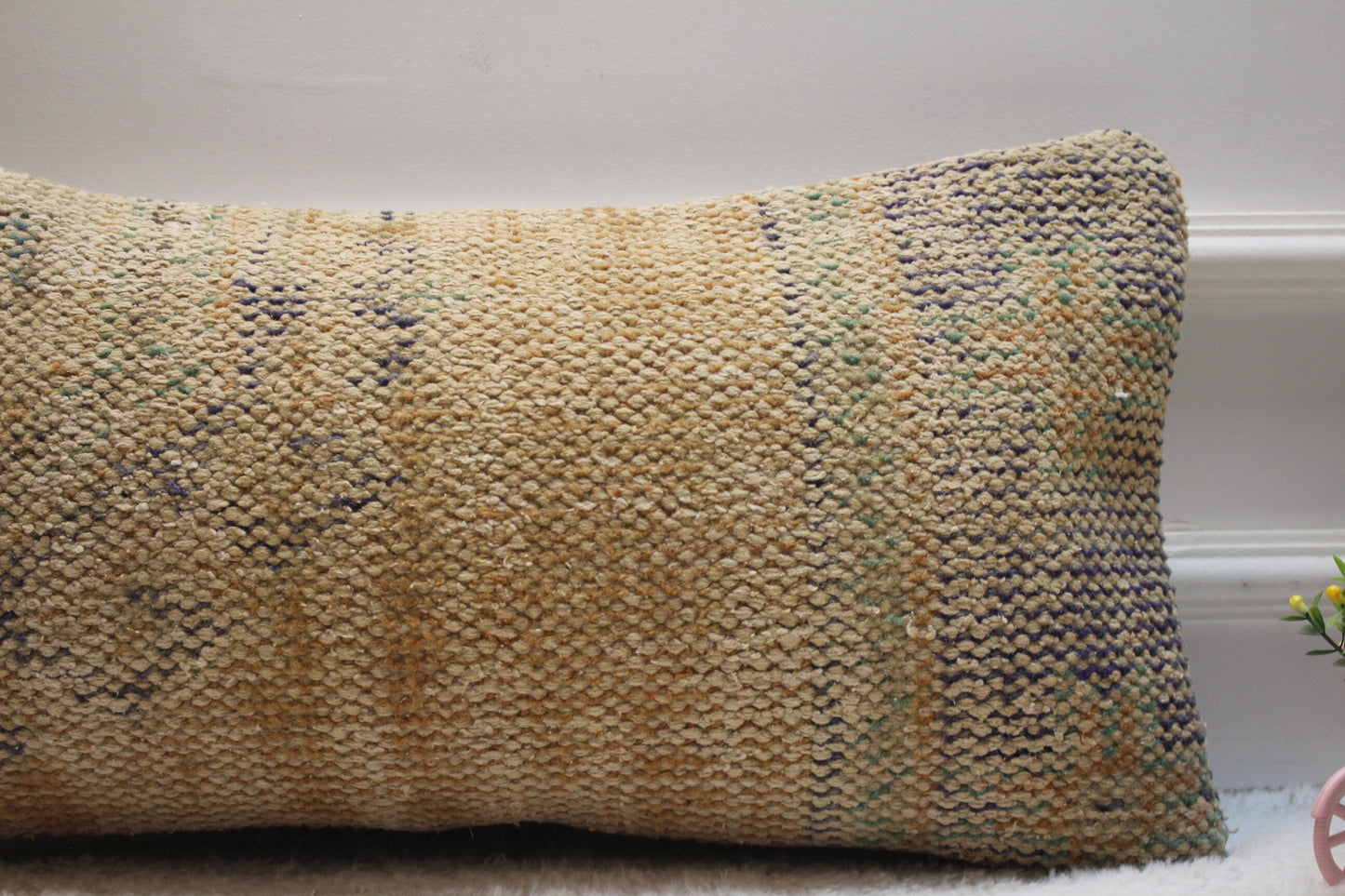Handmade Lumbar Pillow Cover: Boho Beige Wool Rug Pillow (12x24 inc)