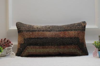Handmade Turkish Kilim Lumbar Pillow Cover: Organic Wool Rug, 12x24 inc