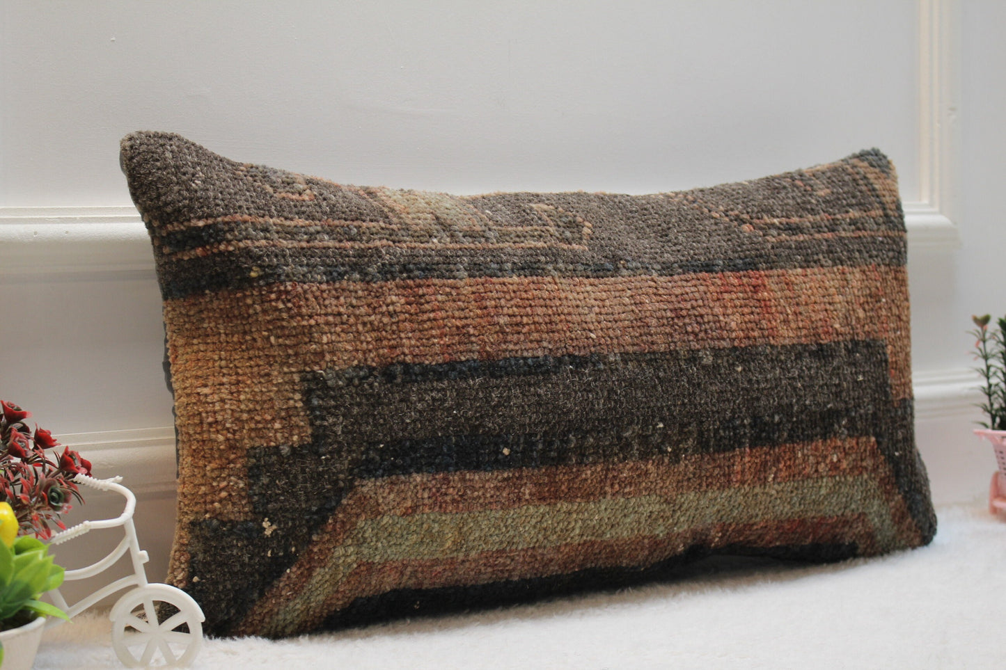 Handmade Turkish Kilim Lumbar Pillow Cover: Organic Wool Rug, 12x24 inc