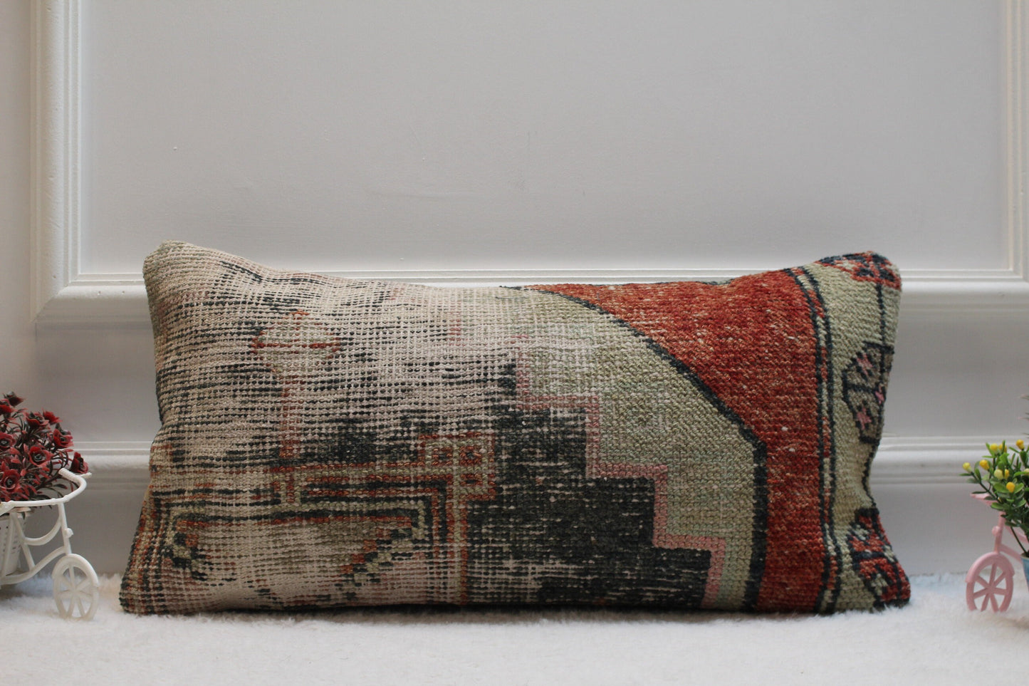 Handmade Turkish Rug Pillow Cover: Organic Wool Boho Decor (12x24 in)