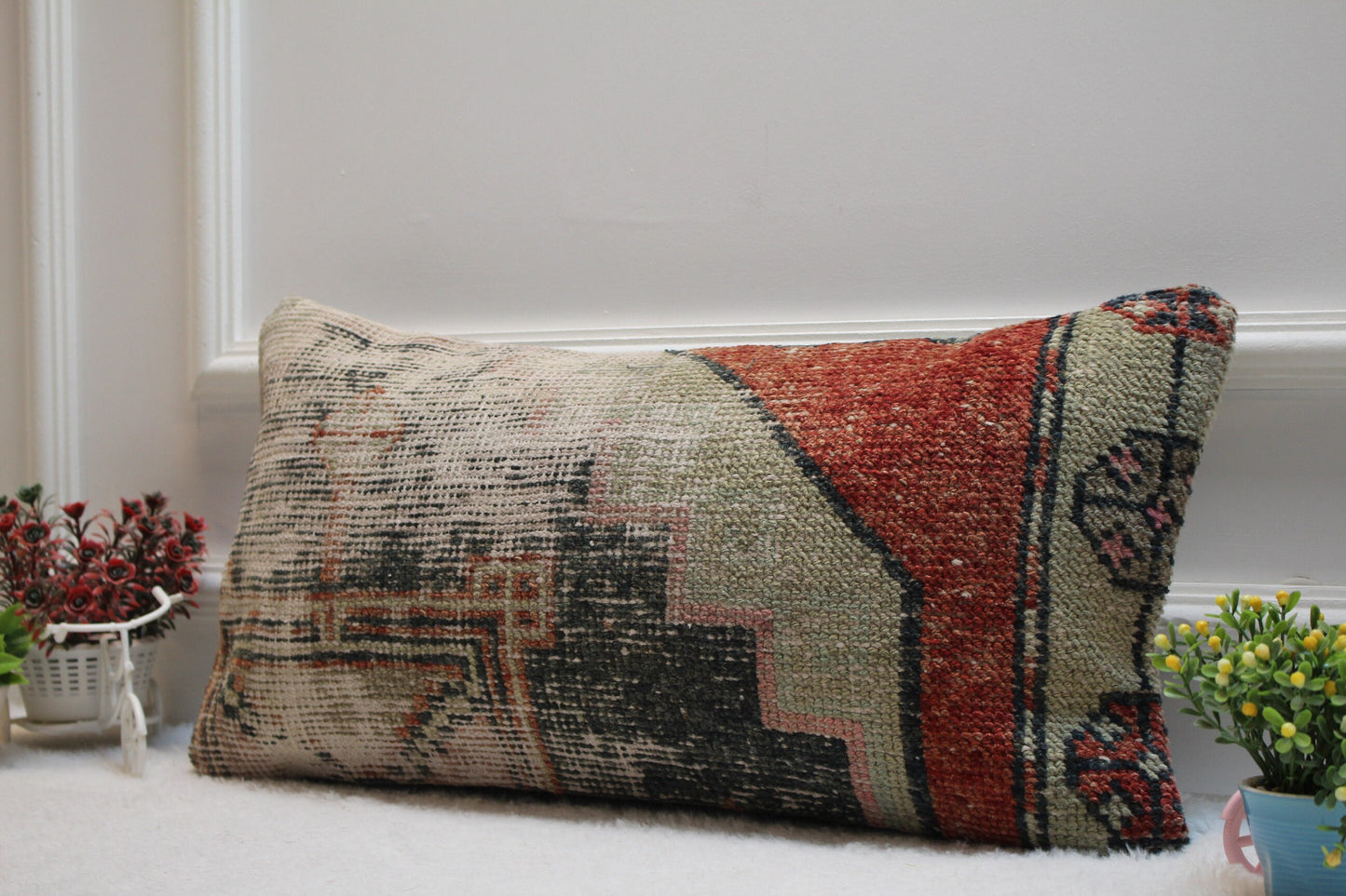 Handmade Turkish Rug Pillow Cover: Organic Wool Boho Decor (12x24 in)