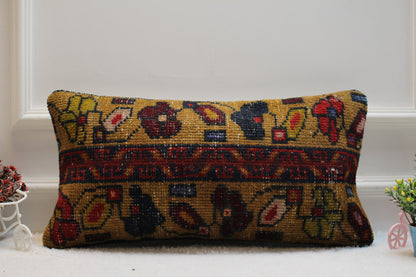 Floral Kilim Lumbar Pillow Cover: Upcycled Turkish Rug, 12x24 inch