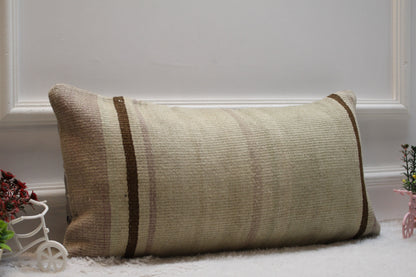 Handmade Kilim Lumbar Pillow Cover: Beige Pink Woven Rug, 12x24 inch