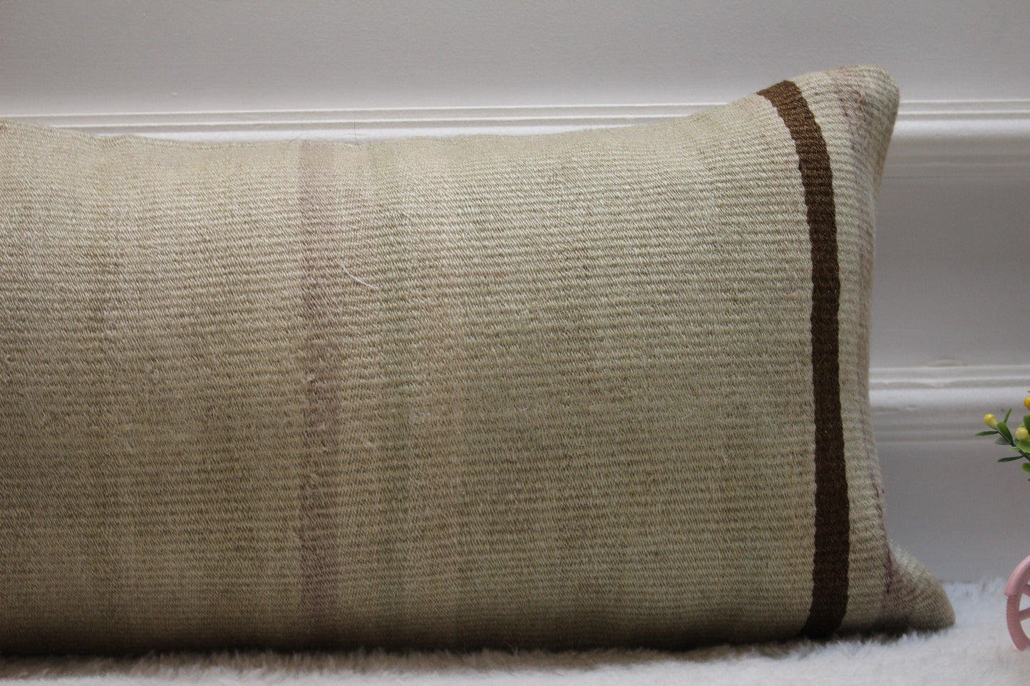 Handmade Kilim Lumbar Pillow Cover: Beige Pink Woven Rug, 12x24 inch