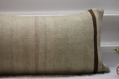 Handmade Kilim Lumbar Pillow Cover: Beige Pink Woven Rug, 12x24 inch