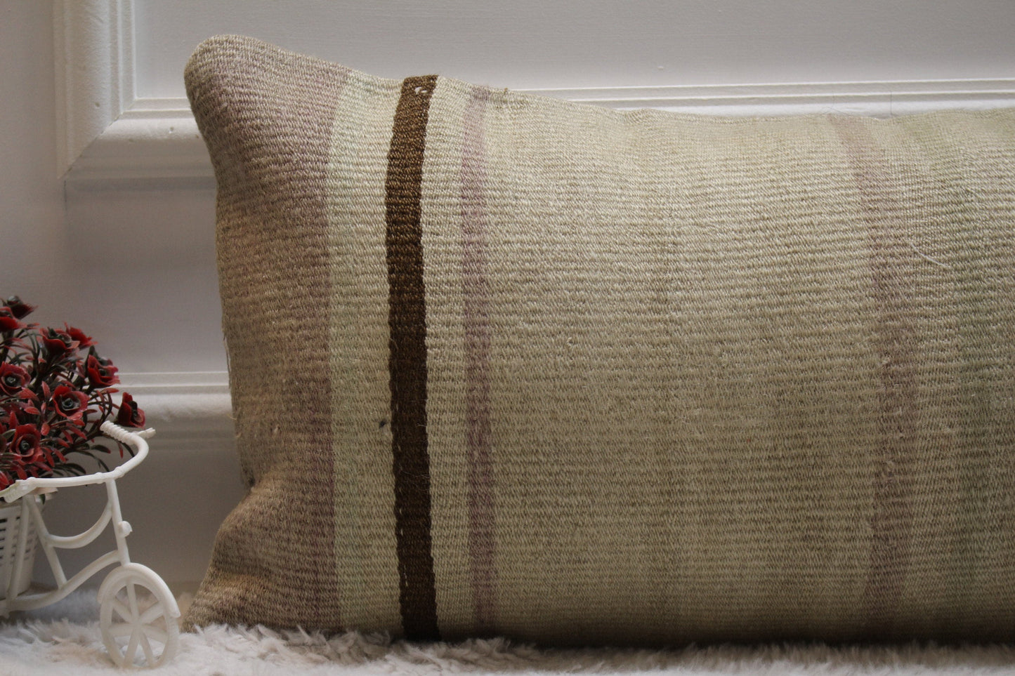 Handmade Kilim Lumbar Pillow Cover: Beige Pink Woven Rug, 12x24 inch