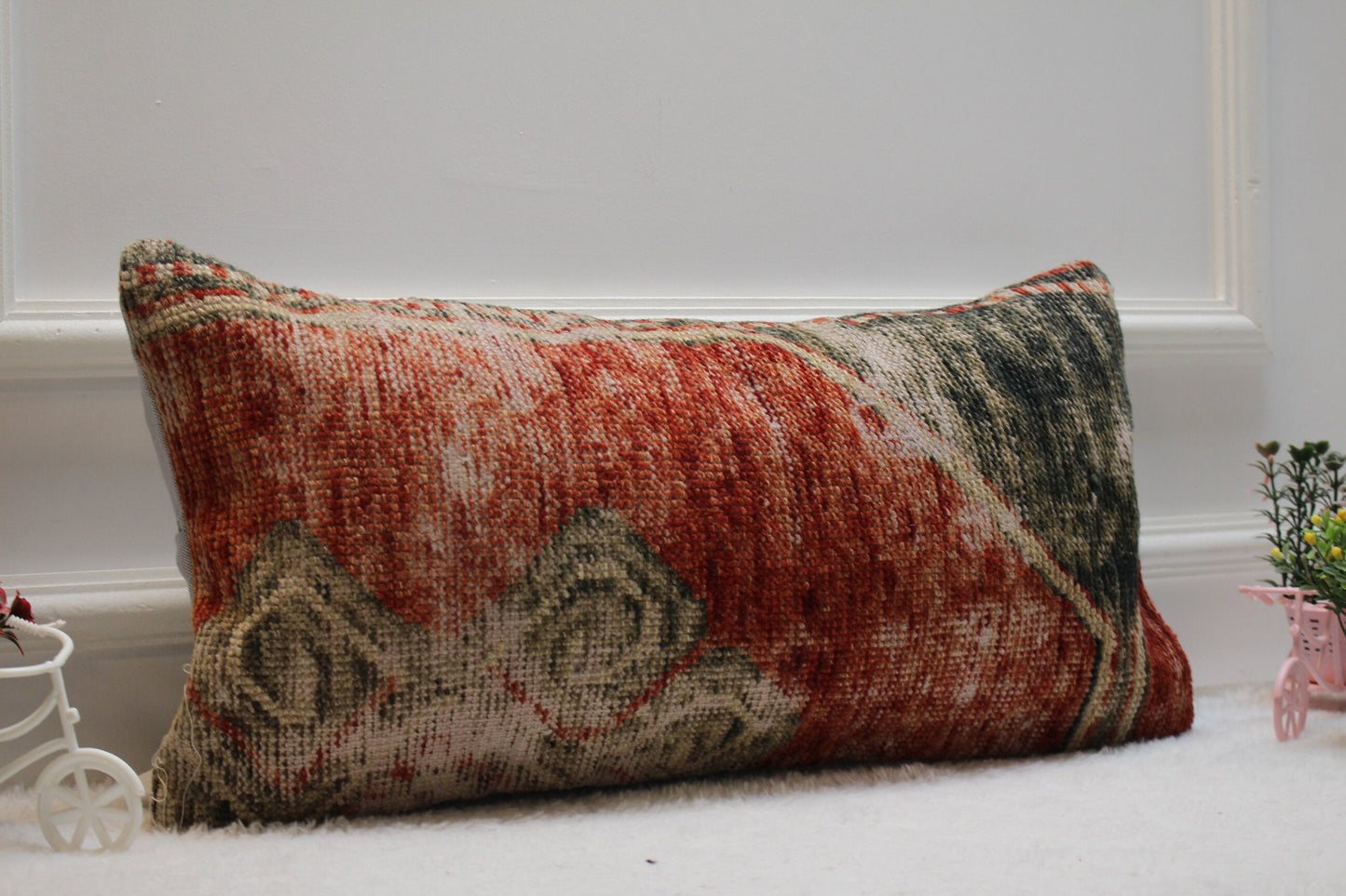 Handmade Turkish Rug Lumbar Pillow: Red Vintage Kilim Pillow Cover (12x24 in)