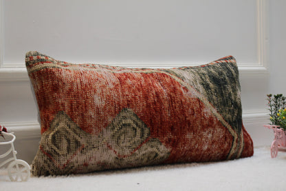 Handmade Turkish Rug Lumbar Pillow: Red Vintage Kilim Pillow Cover (12x24 in)