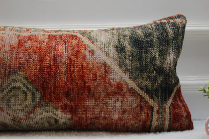 Handmade Turkish Rug Lumbar Pillow: Red Vintage Kilim Pillow Cover (12x24 in)