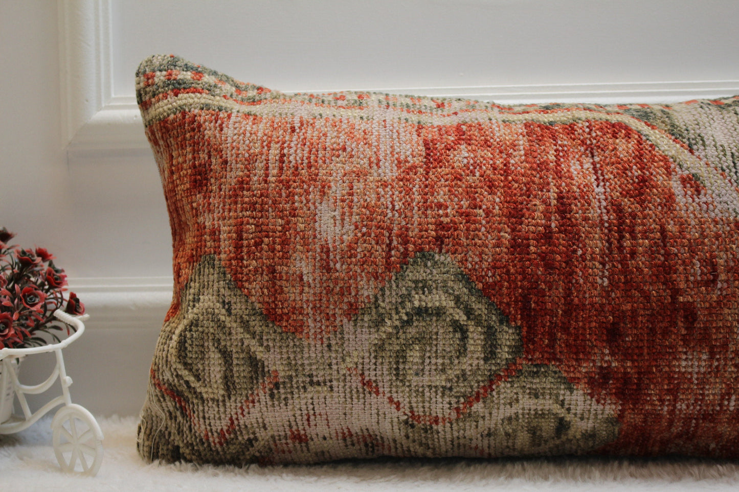 Handmade Turkish Rug Lumbar Pillow: Red Vintage Kilim Pillow Cover (12x24 in)