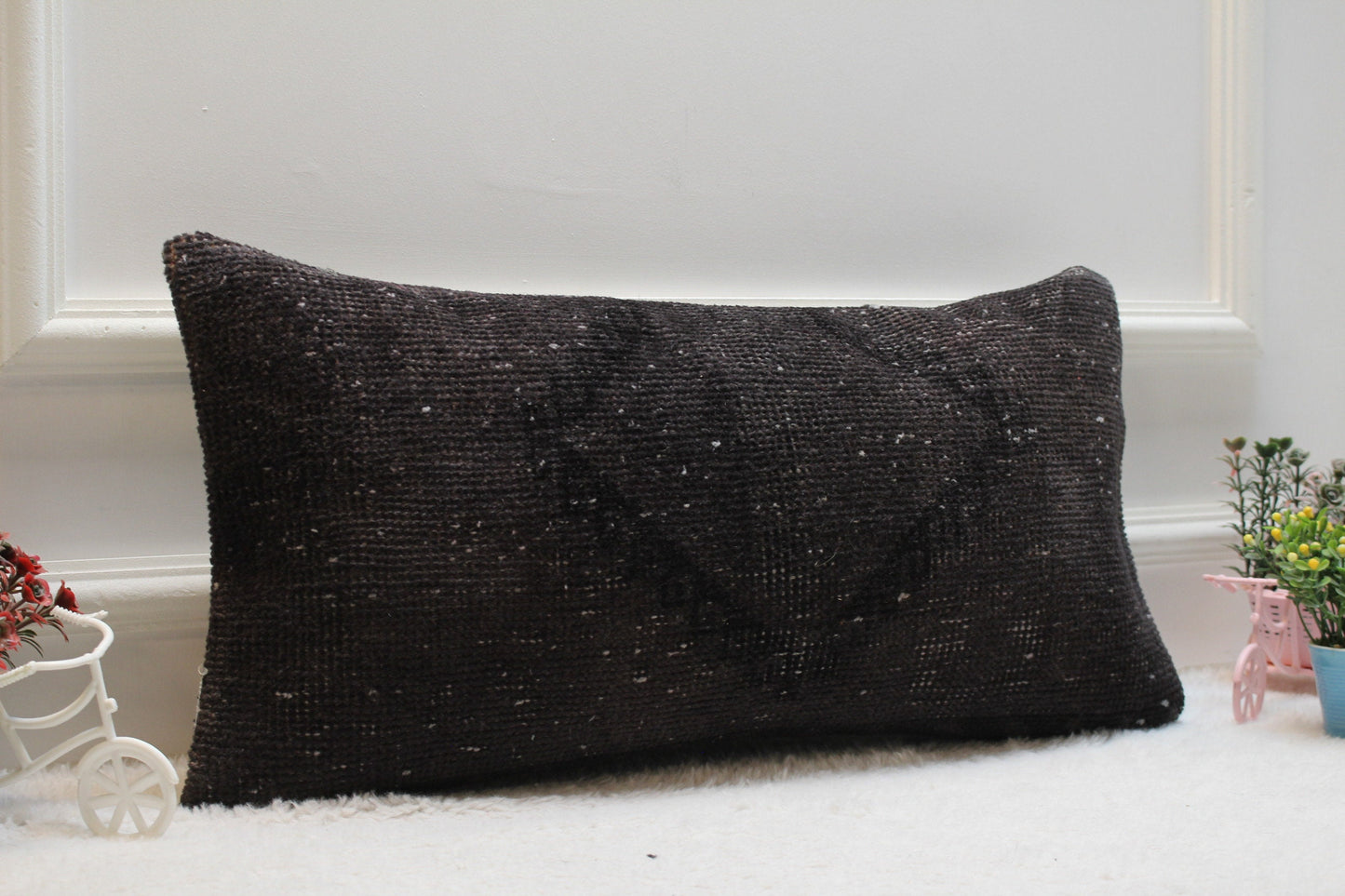 Handmade Black Wool Kilim Pillow: Organic Turkish Lumbar Cover (12x24 in)