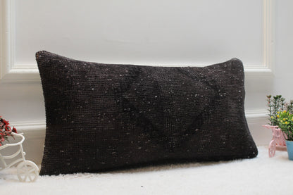 Handmade Black Wool Kilim Pillow: Organic Turkish Lumbar Cover (12x24 in)