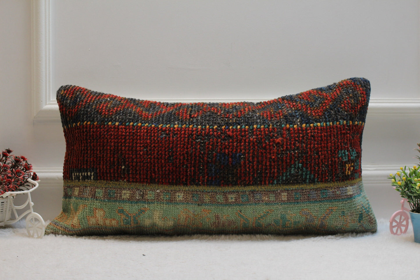 Patchwork Rug Lumbar Pillow Cover: Vintage Turkish Kilim, 12x24 inch