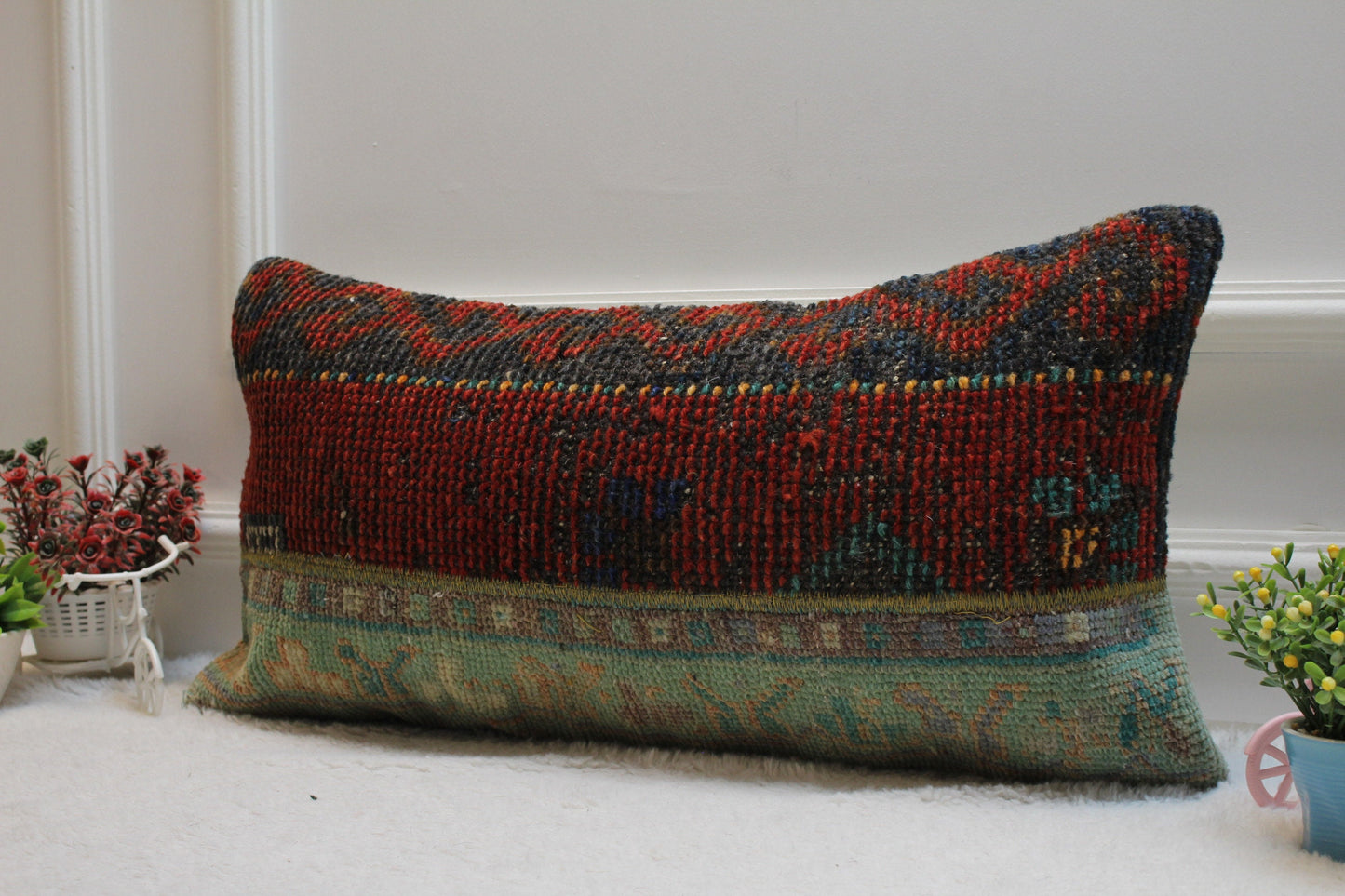 Patchwork Rug Lumbar Pillow Cover: Vintage Turkish Kilim, 12x24 inch