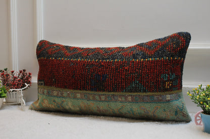 Patchwork Rug Lumbar Pillow Cover: Vintage Turkish Kilim, 12x24 inch