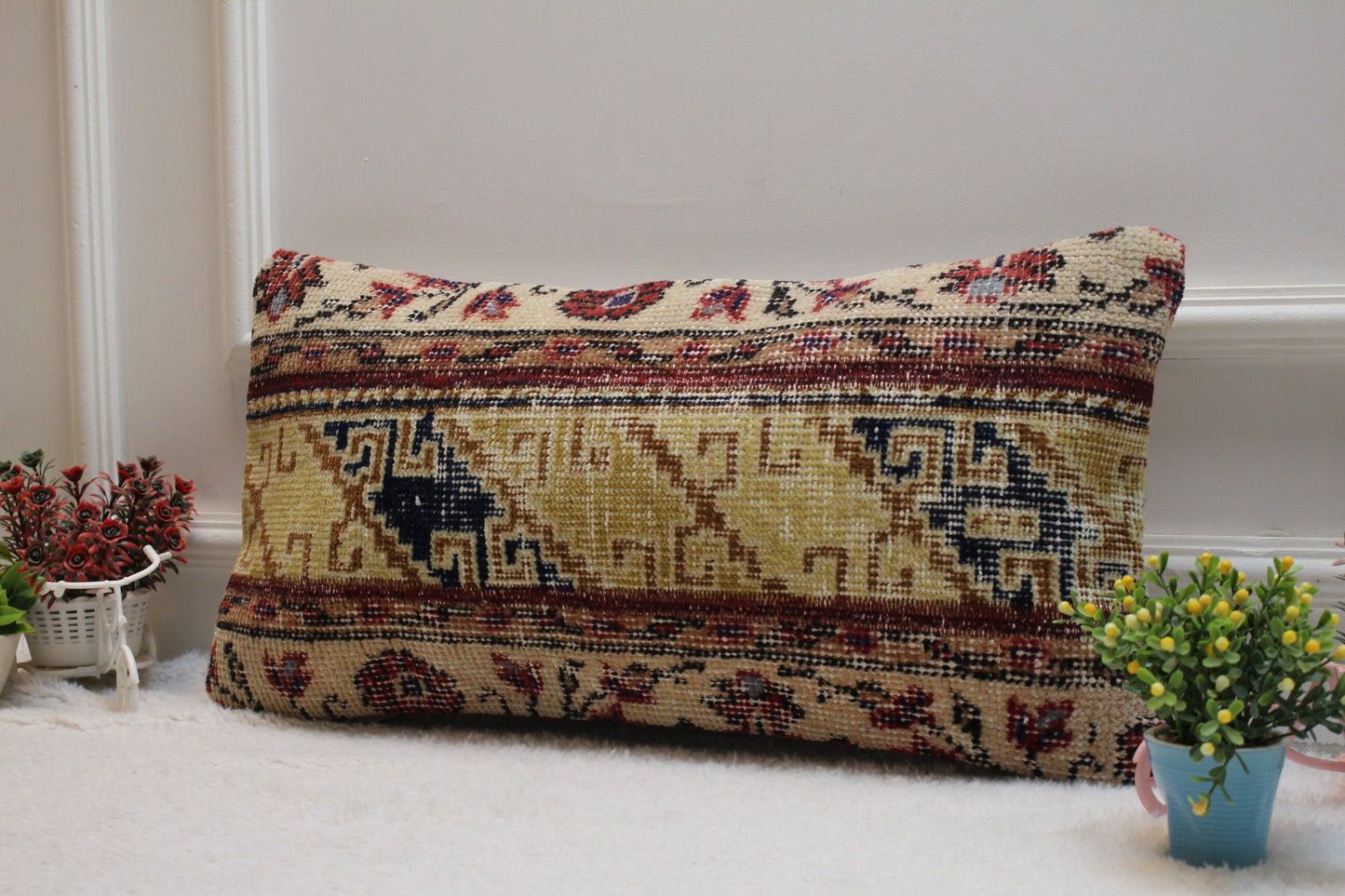 Handmade Lumbar Rug Pillow: Vintage Ethnic Wool Pillow Case (12x24 in)