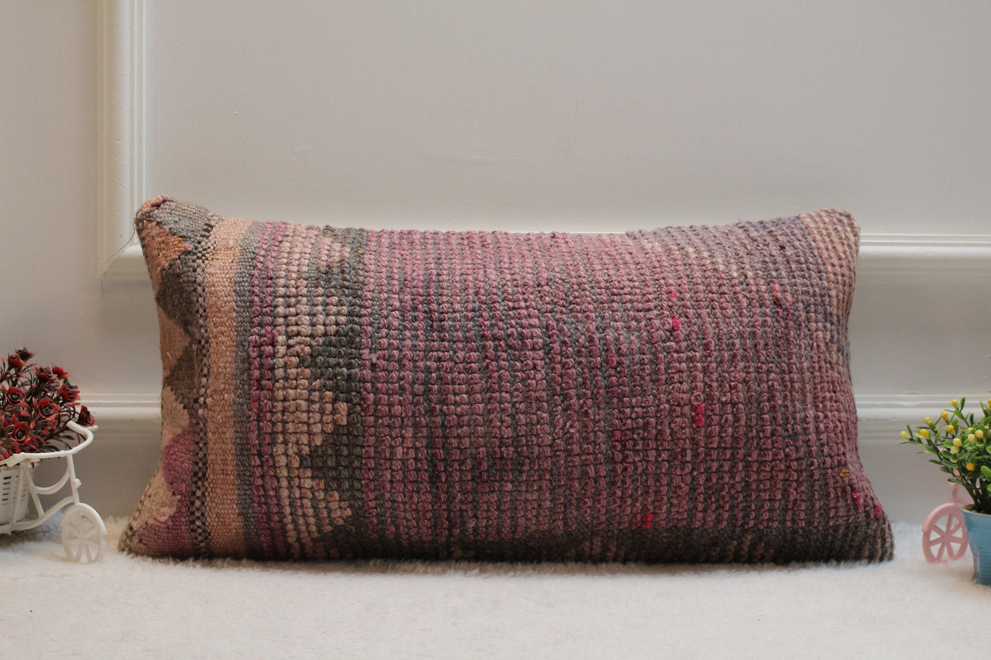 Handmade Kilim Pillow Cover: Pink Woven Rug Pillow, 12x24 inc