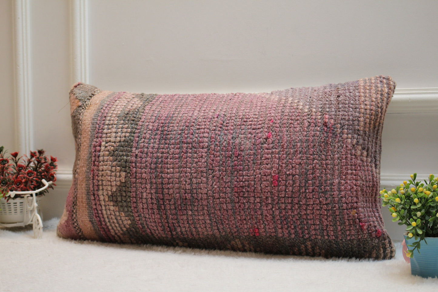 Handmade Kilim Pillow Cover: Pink Woven Rug Pillow, 12x24 inc