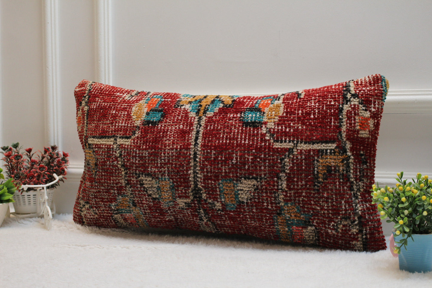 Red Turkish Rug Lumbar Pillow Cover: Vintage Wool, 12x24 inch