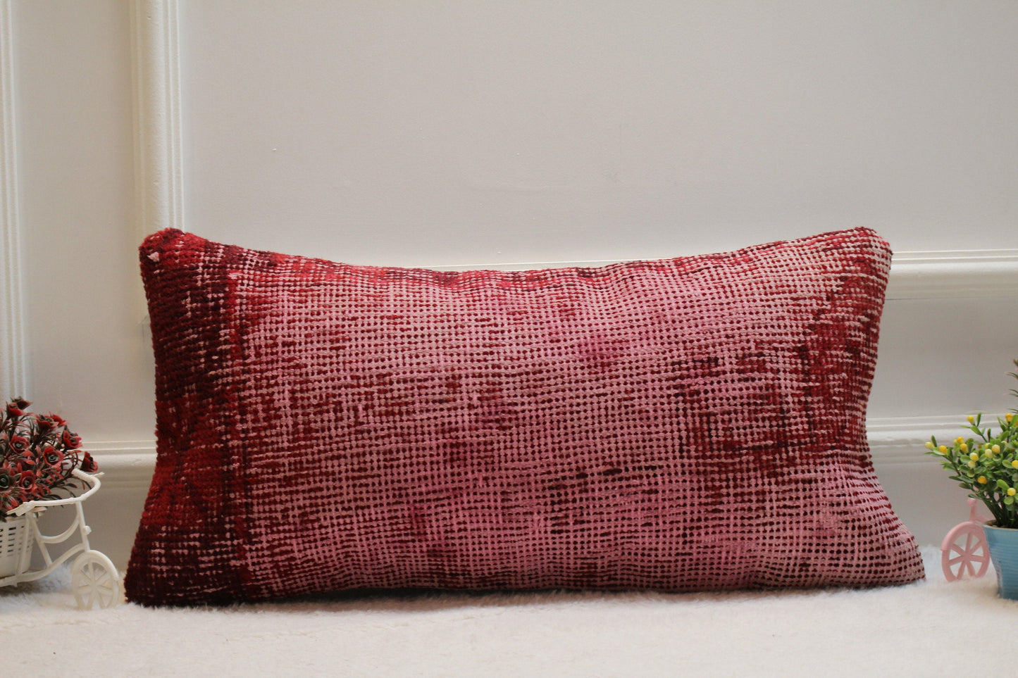 Red Turkish Rug Pillow: 12x24 Handmade Wool Lumbar Pillow Cover