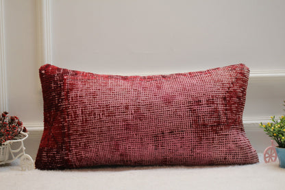 Red Turkish Rug Pillow: 12x24 Handmade Wool Lumbar Pillow Cover