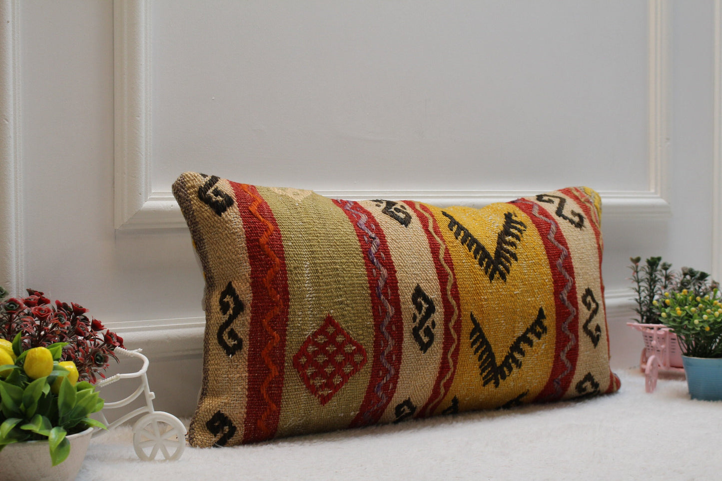 Handmade Lumbar Kilim Pillow Cover: Ethnic Woven Rug, 12x24 inch
