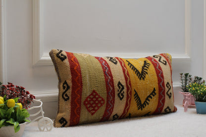 Handmade Lumbar Kilim Pillow Cover: Ethnic Woven Rug, 12x24 inch