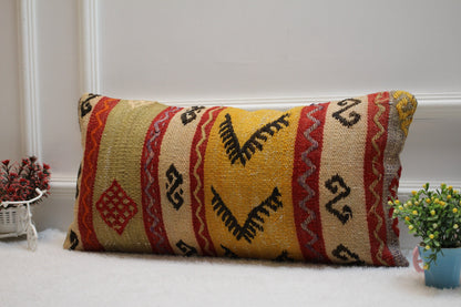 Handmade Lumbar Kilim Pillow Cover: Ethnic Woven Rug, 12x24 inch