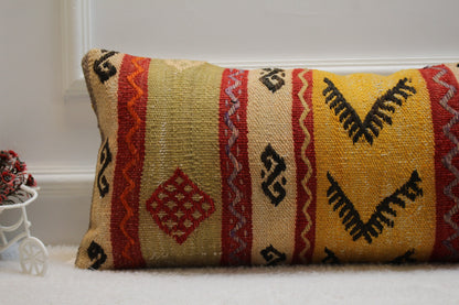 Handmade Lumbar Kilim Pillow Cover: Ethnic Woven Rug, 12x24 inch