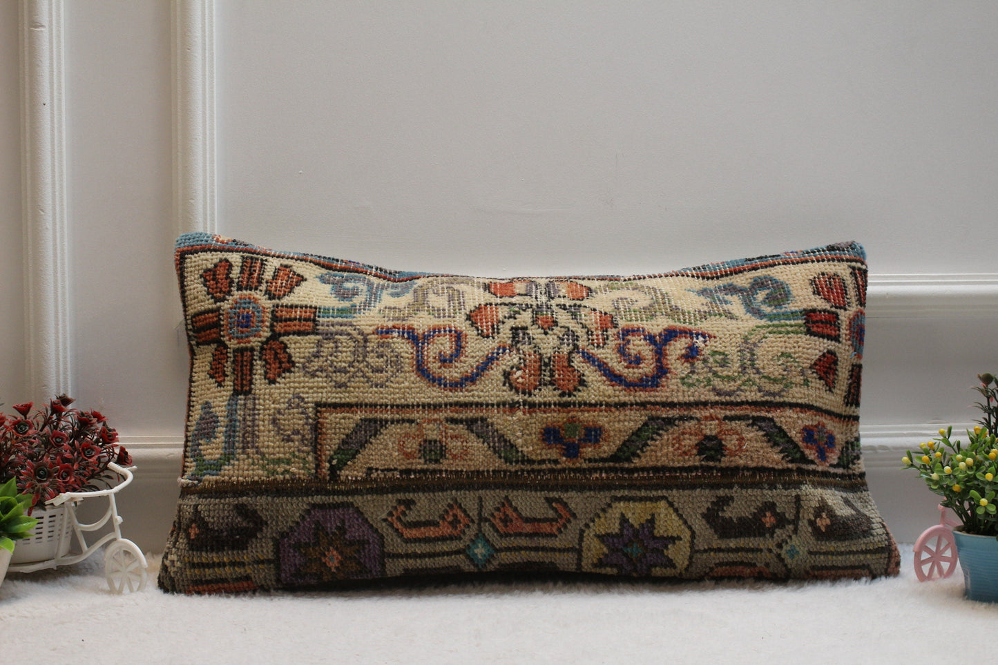 Handmade Kilim Lumbar Pillow Cover: Upcycled Woven Wool, 12x24 inc