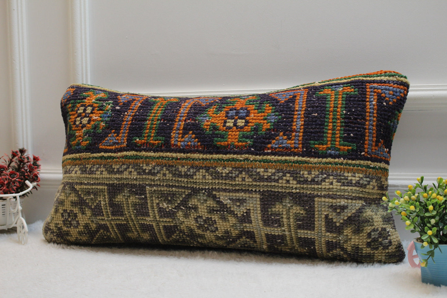 Handmade Kilim Lumbar Pillow Cover: Upcycled Turkish Rug, 12x24 inc