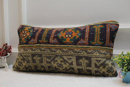 Handmade Kilim Lumbar Pillow Cover: Upcycled Turkish Rug, 12x24 inc